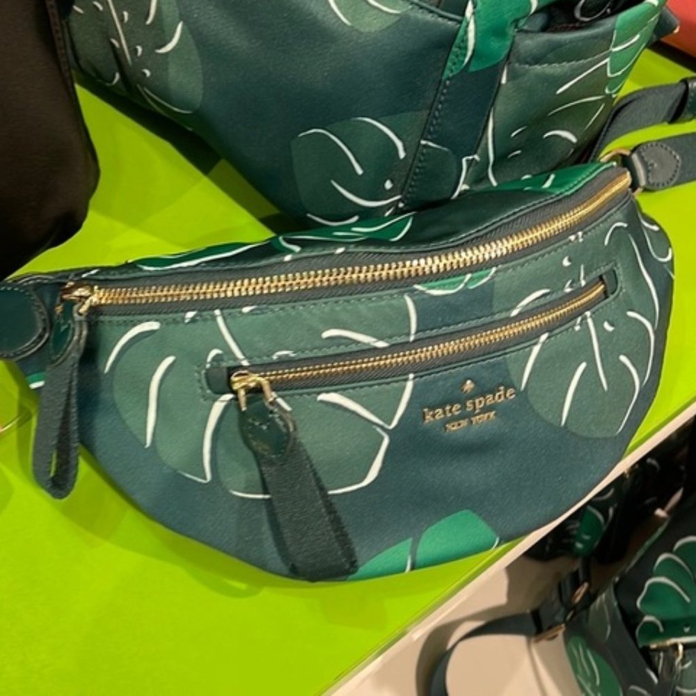 Kate Spade Chelsea Monstera Leaves Print Nylon Belt Bag Fanny Pack Green Multi